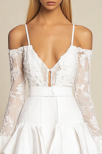 White Spaghetti Straps Lace Ruffled Graduation Dress with Long Sleeves